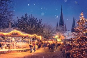 Kerstmarkt in de sneeuw